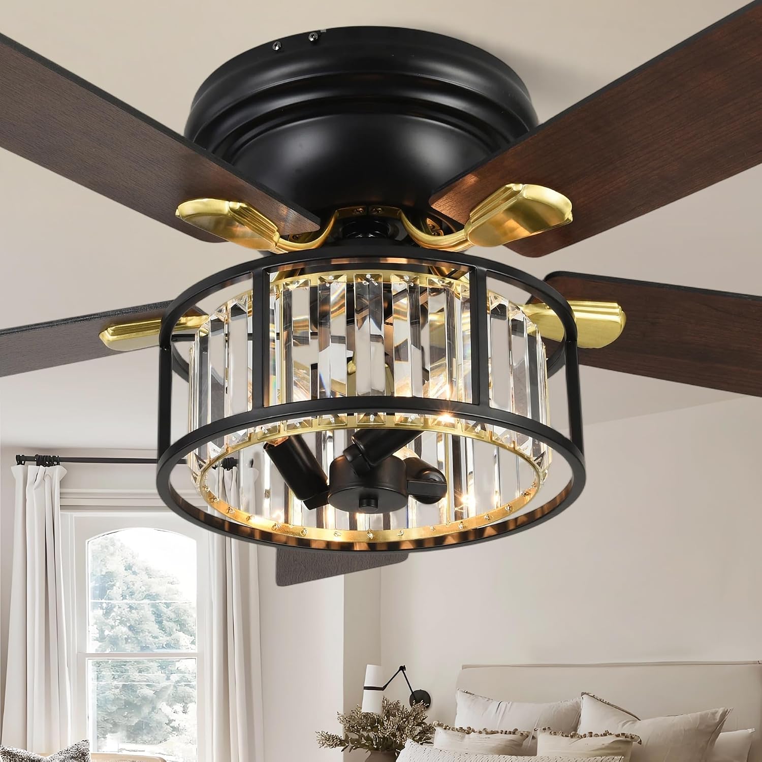 Bella Depot 52' Black Flush Mount Ceiling Fan, Caged Crystal Chandelier Fan with Light (No Bulbs Included), Quiet DC Motor for Dining Living Room Bedroom