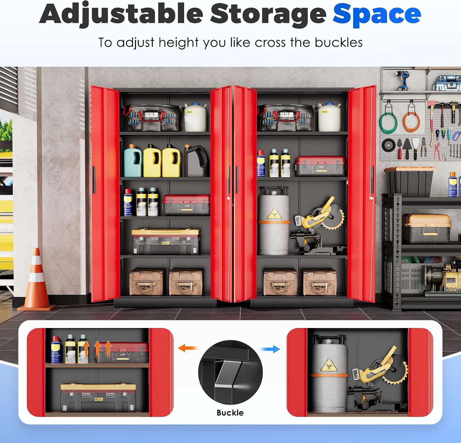 INTERGREAT Storage Cabinet with Doors and Shelves, Metal Garage Storage Cabinets with Lock, Black Lockable Steel Supply Cabinet for Home Office, Warehouse (Black Red)