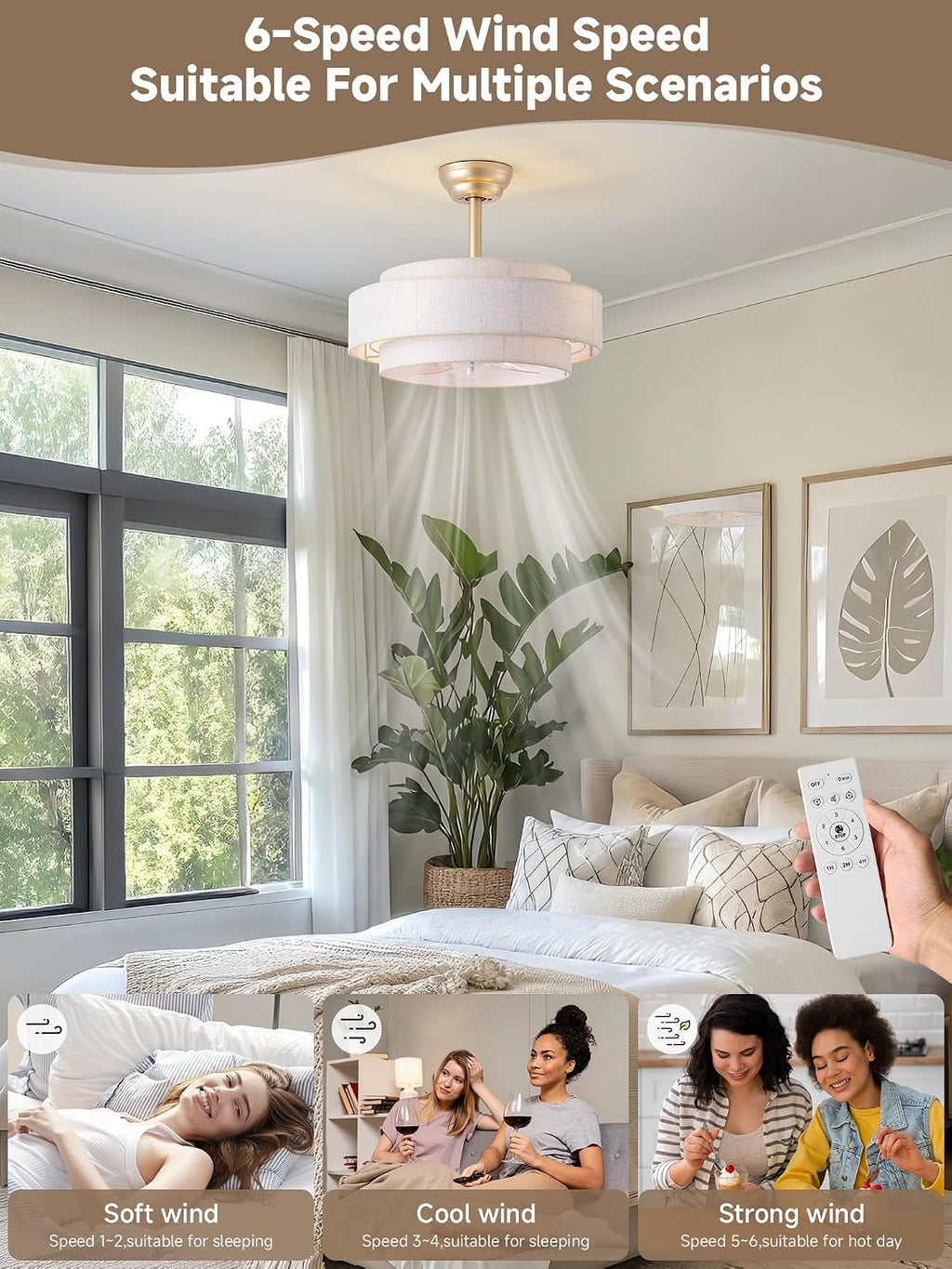 20'' Boho Fandelier Ceiling Fan with Light, Gold Fabric Chandelier with Light Remote Control, Caged with 6 Speeds for Bedroom, Nursery, Living Room