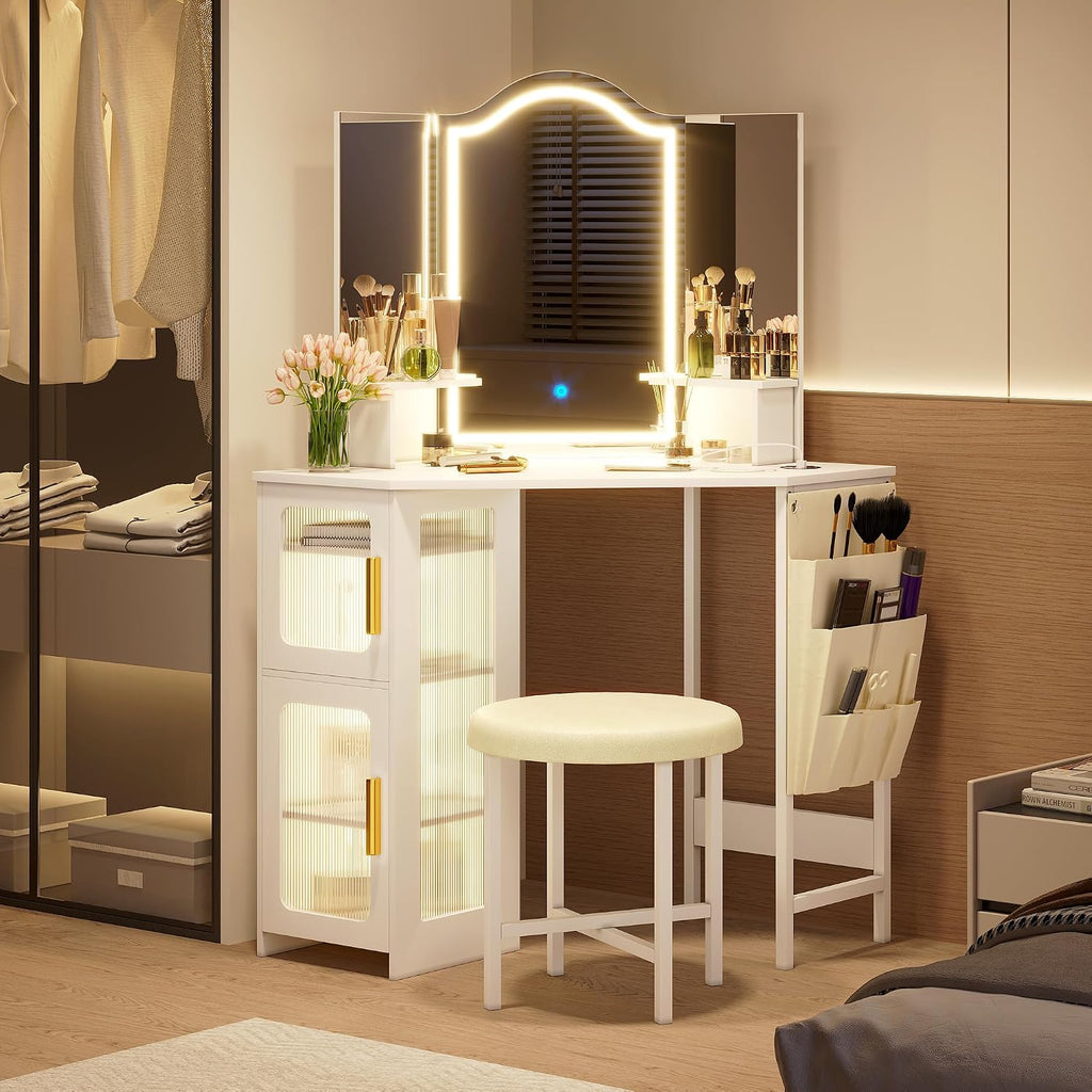 Lareth Corner Vanity Desk with 3 Way Mirror and Lights, Modern Makeup Vanity with Charging Station, 44' Large Bedroom Dressing Table with Stool & Shelves, Gifts for Girls Women, White