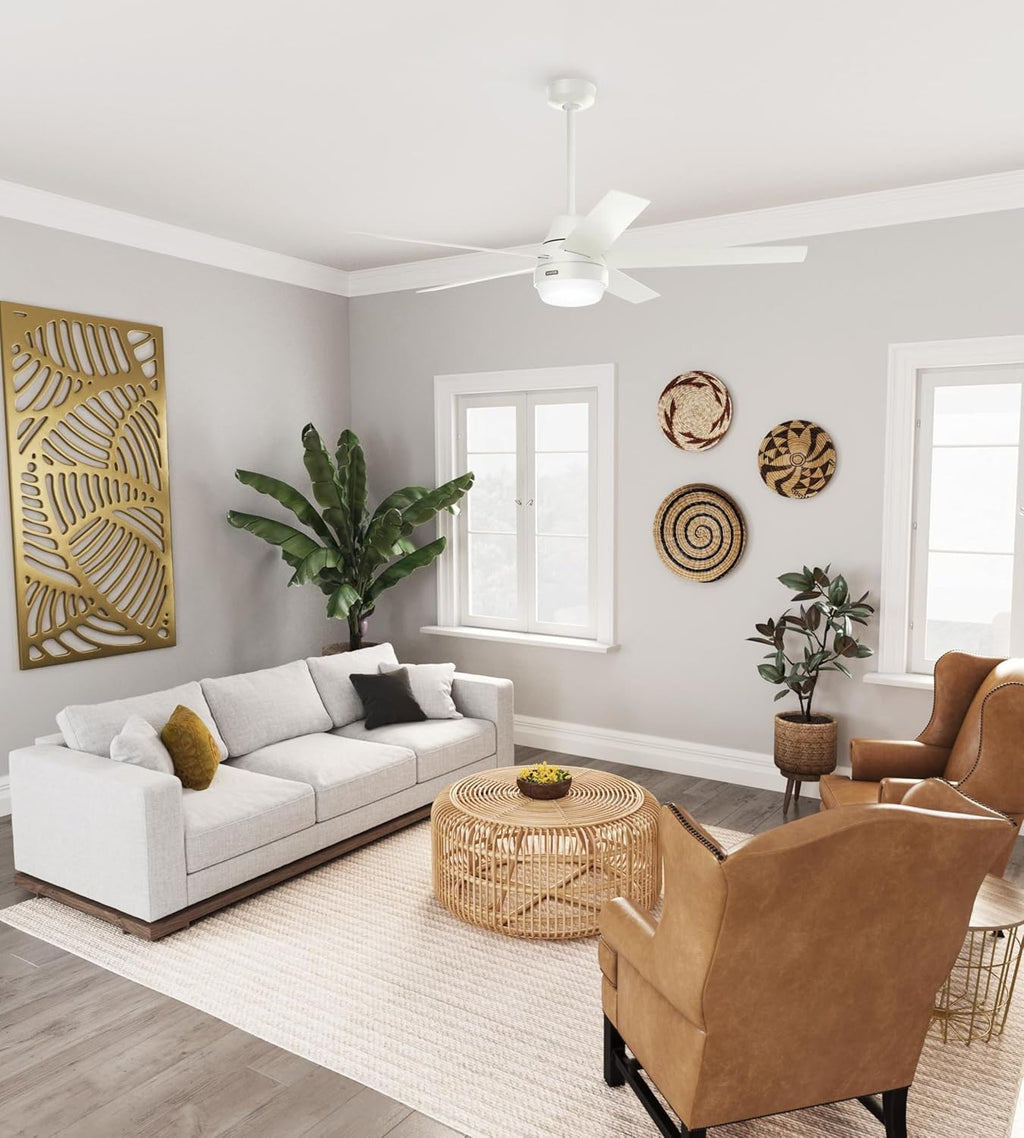 Hunter - Aerodyne Indoor Ceiling Fan With Light, Remote, 60-inch, Fresh White, Casual-style, 6-speed DC Motor, Energy Star, WiFi Smarthome, 52832, for living rooms, bedrooms, home offices, kitchens