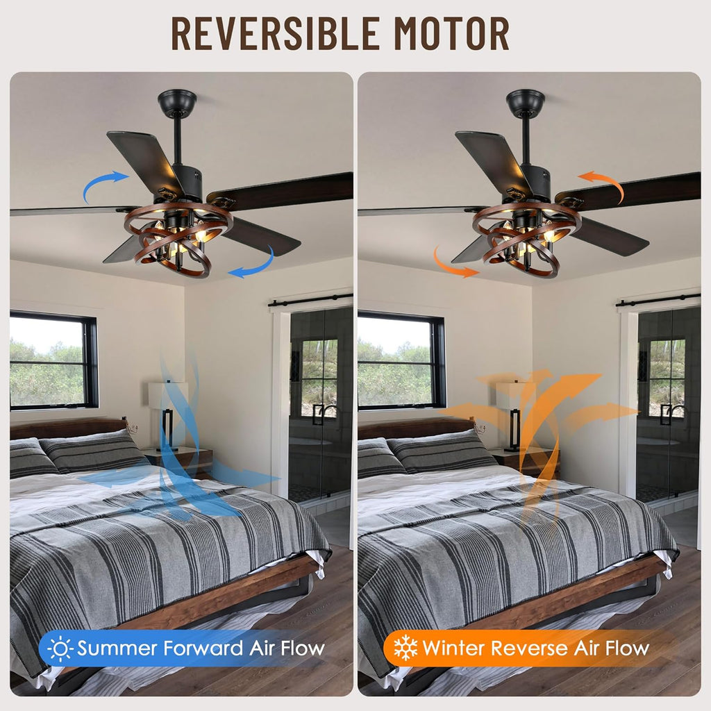 52' Ceiling Fan with Lights and Remote,Industrial Farmhouse Ceiling Fan with Adjustable Wood Grain Iron Cage,5 Reversible Dual-Color Blades,DC Quiet Motor,6 Speeds,Timer for Bedroom Living Room