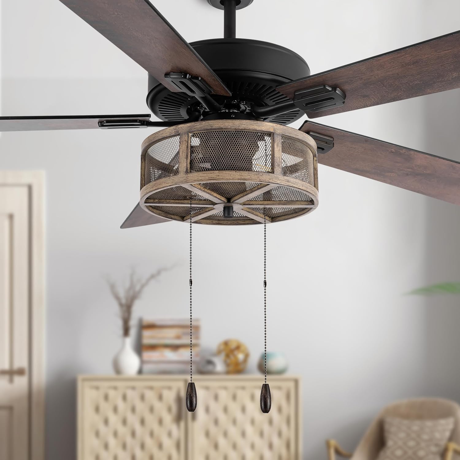 RIVER OF GOODS 52 Inch LED Modern Farmhouse Ceiling Fan with Light - Rustic Ceiling Fans with Lights - Elegant Industrial Fan with Mesh Metal Caged Shade - Brown