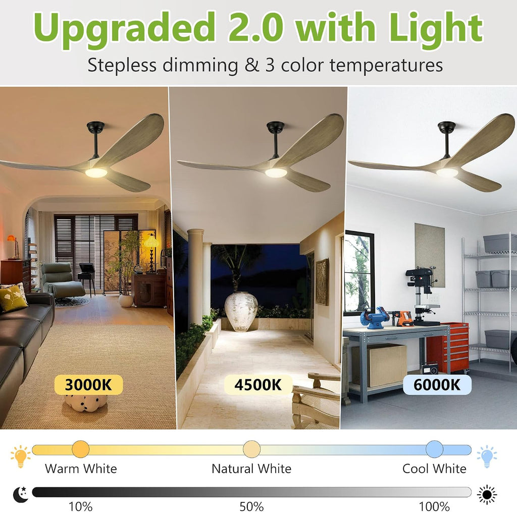Haipeel 60 Inch Ceiling Fans with Lights, Propeller Solid Wood Ceiling Fans with Light and Remote Control for Outdoor Ceiling Fan with Light for Patio Farmhouse, DC ETL Listed, Bronze Gray