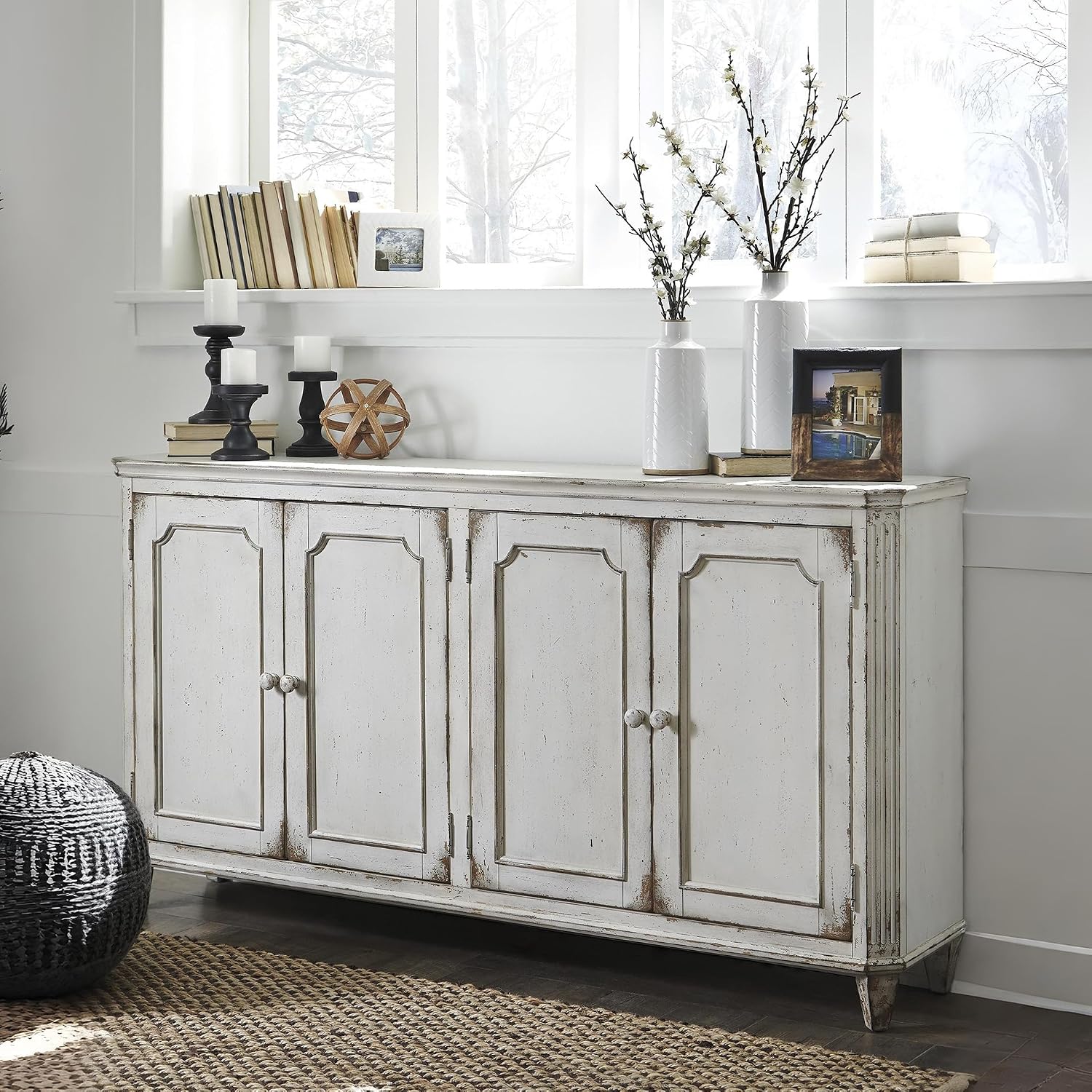 Signature Design by Ashley Mirimyn Distressed 4-Door Accent Cabinet or TV Stand, Antique White