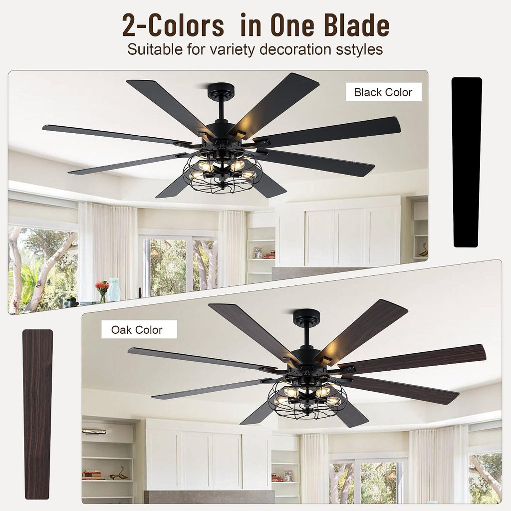 72 Inch Caged Ceiling Fans with Lights and Remote,Industrial Caged Rustic Retro Chandelier Ceiling Fan with Reversible Motor,8 Double Colour Blades for Dining Room Living Room Bedroom Porch Patio