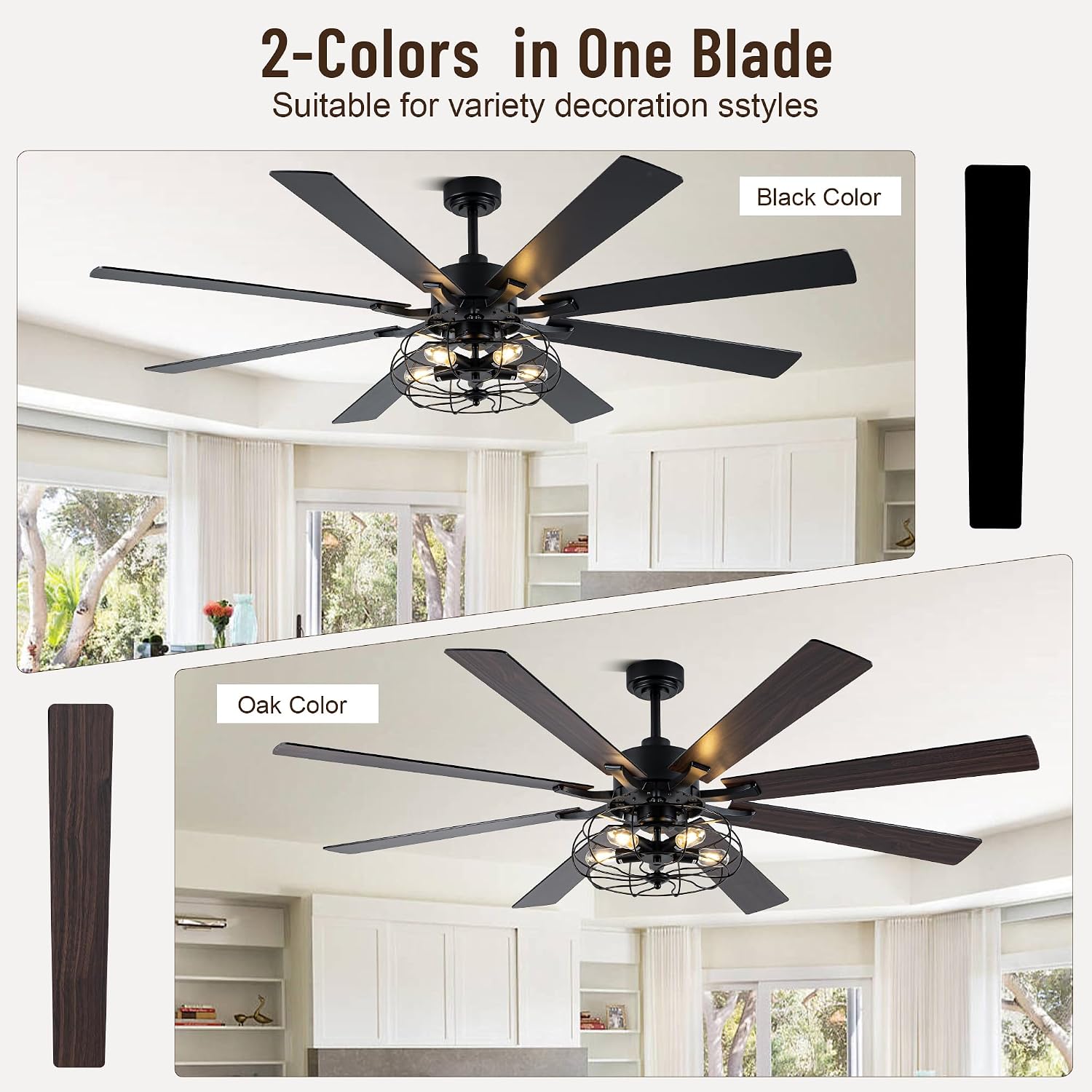 72 Inch Caged Ceiling Fans with Lights and Remote,Industrial Caged Rustic Retro Chandelier Ceiling Fan with Reversible Motor,8 Double Colour Blades for Dining Room Living Room Bedroom Porch Patio