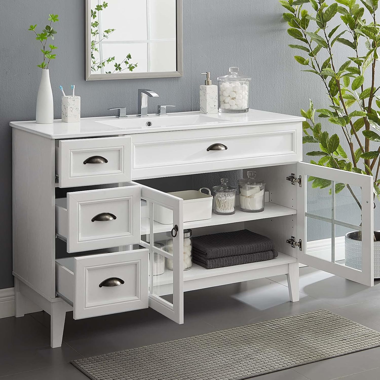 Sink Vanity Cabinet, Wood, White, Modern Contemporary, Hotel Bedroom Bathroom Master Suite Guest