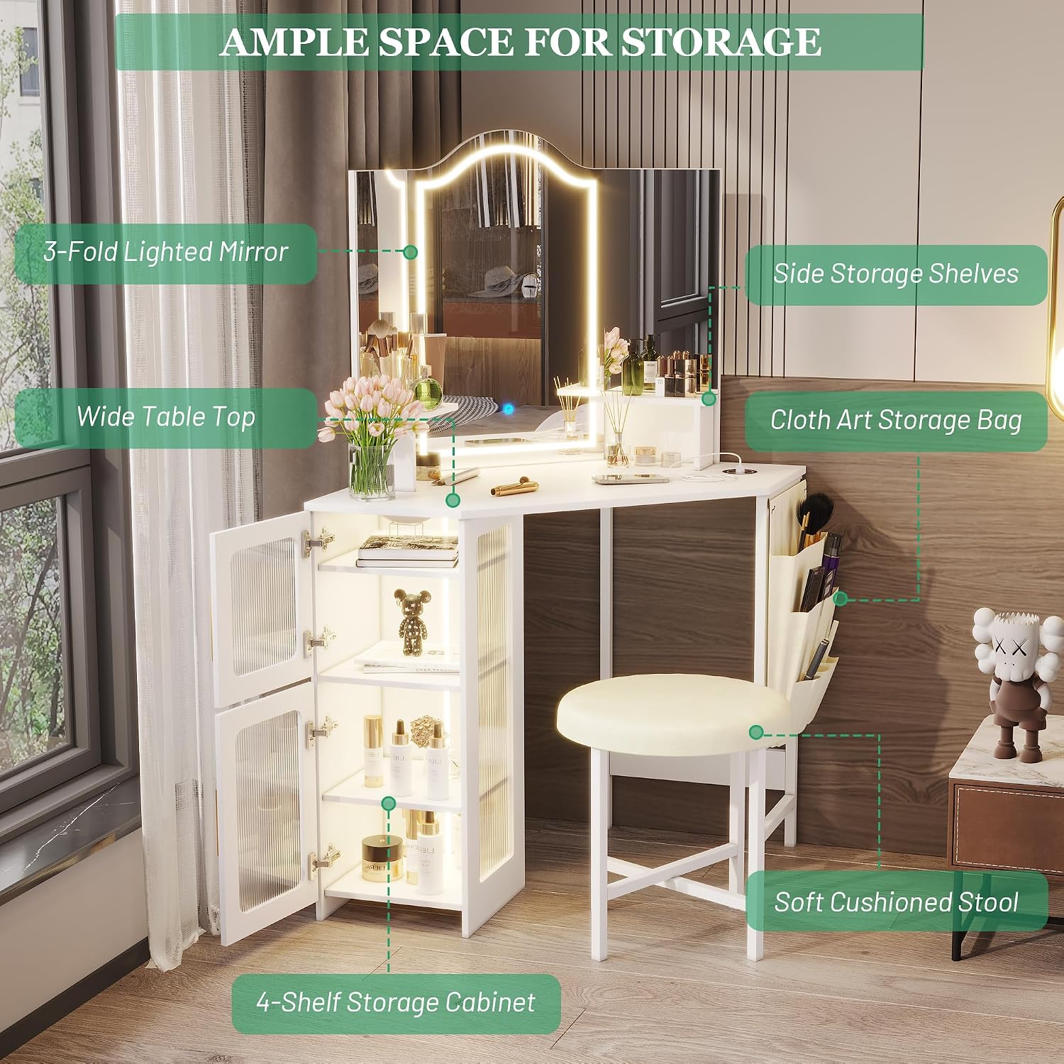Lareth Corner Vanity Desk with 3 Way Mirror and Lights, Modern Makeup Vanity with Charging Station, 44' Large Bedroom Dressing Table with Stool & Shelves, Gifts for Girls Women, White