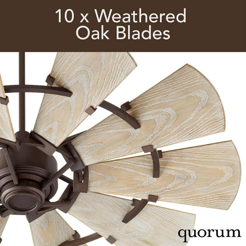 Quorum 94410-86 Windmill 44 Inch Ceiling Fan | 10 Blade Wagon Wheel Design | 6 Speed Reversible DC Motor | Remote Control Included | Dry Rated Ceiling Fan | Weathered Oak Blades | Oiled Bronze Finish