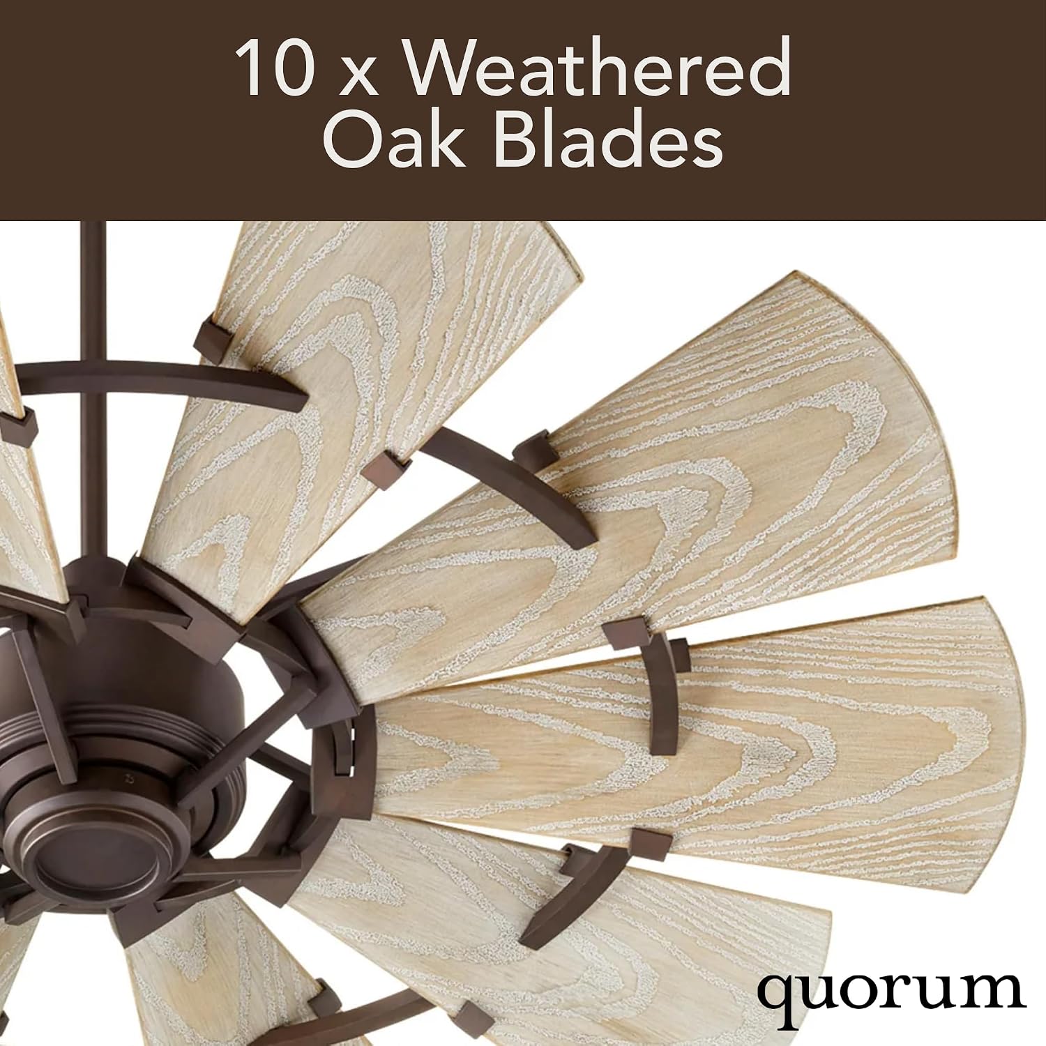 Quorum 94410-86 Windmill 44 Inch Ceiling Fan | 10 Blade Wagon Wheel Design | 6 Speed Reversible DC Motor | Remote Control Included | Dry Rated Ceiling Fan | Weathered Oak Blades | Oiled Bronze Finish