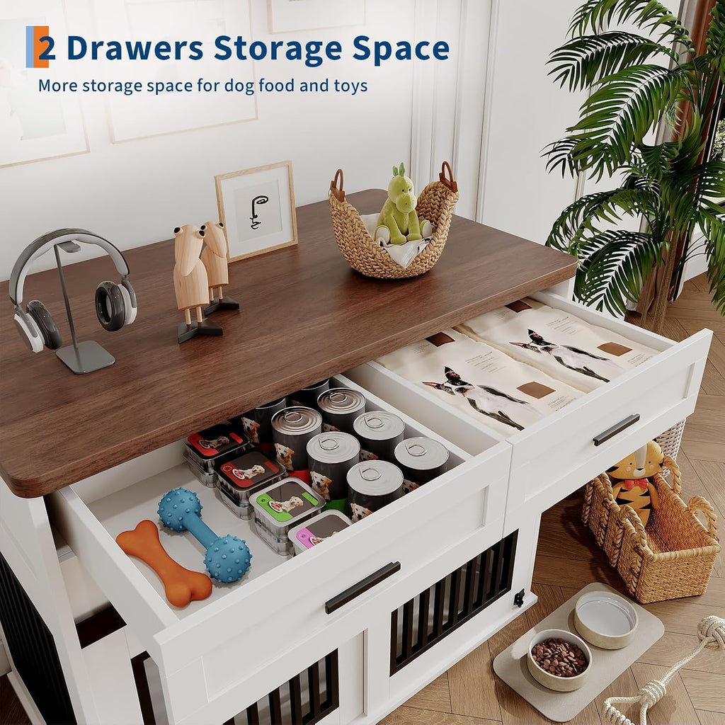 44.5'' Dog Crate Furniture with Hook and Storage Drawer, Wooden Dog Kennel with Sliding Barn Door Indoor Furniture Style Dog Crates End Table for Medium/Small Dogs (White)