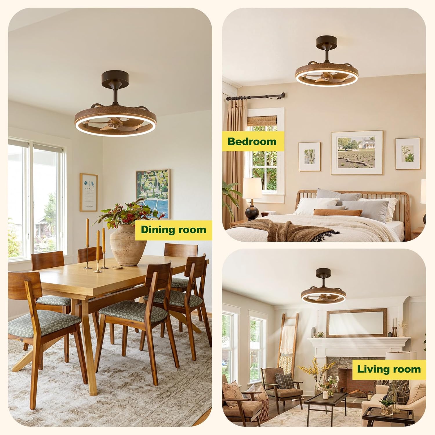 Farmhouse Fandelier Retro Ceiling Fan with Light, 20' Rustic Brown Dimmable LED Chandelier Ceiling Fans, Low Profile Smart Bladeless Ceiling Fan Lights 6 Speeds for Bedroom, Living Room