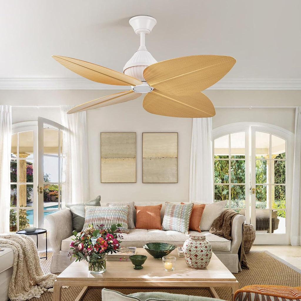 52' Ceiling Fan Without Lights, Tropical Ceiling Fans with APP and Remote Control, Indoor Palm Leaf Ceiling Fans for Living Room Bedroom Patios (Light Wood Grain)