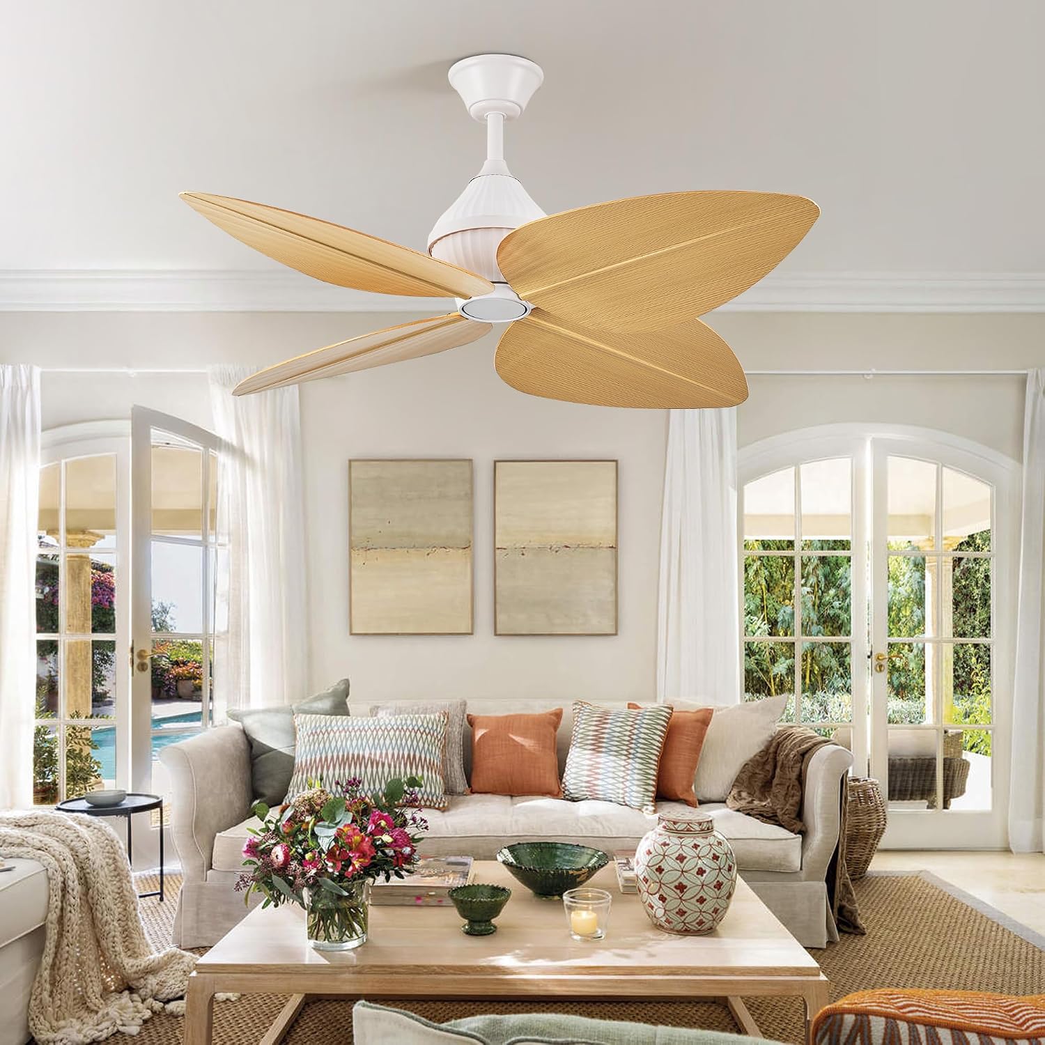 52' Ceiling Fan Without Lights, Tropical Ceiling Fans with APP and Remote Control, Indoor Palm Leaf Ceiling Fans for Living Room Bedroom Patios (Light Wood Grain)