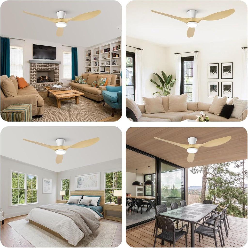TALOYA 52 inch Ceiling Fans with Lights and Remote, Flush Mount Low Profile Ceiling Fan with Reversible DC Motor ABS Blades for Bedroom Living Room Kitchen Light Oak Finish