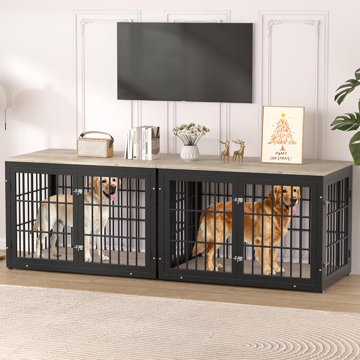 rehomerance 48 Inch Heavy Duty Dog Crate Furniture for Large and Medium Dogs, Decorative Pet House End Table, Wooden Cage Kennel Furniture Indoor, Grey