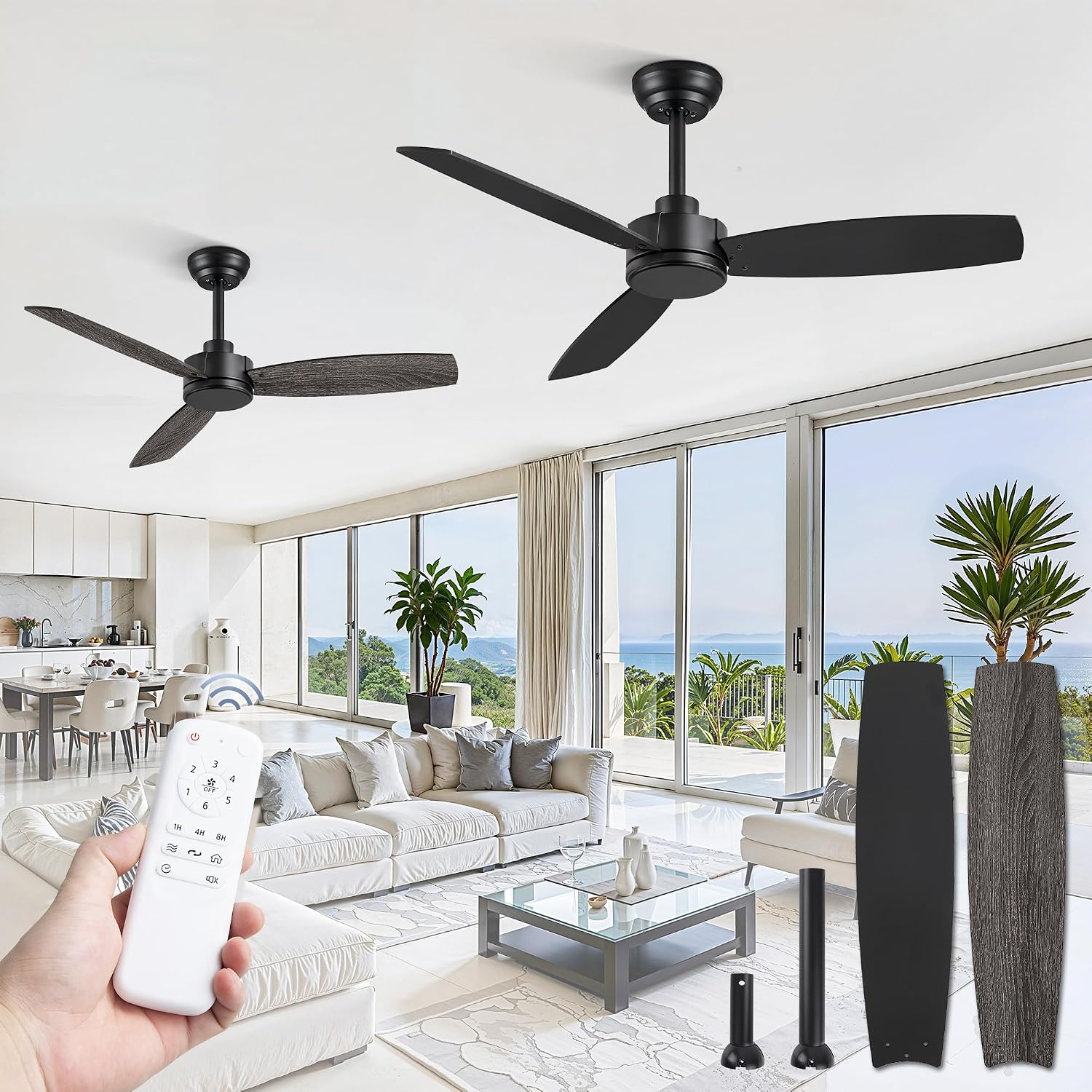 ZMISHIBO 2 Pack 42 Inch Outdoor Ceiling Fans with Remote, Black Ceiling Fan No light with Quiet Reversible DC Motor, 6 Speeds, 3 Blade Modern Ceiling Fans for Patio Living Room Bedroom Indoor