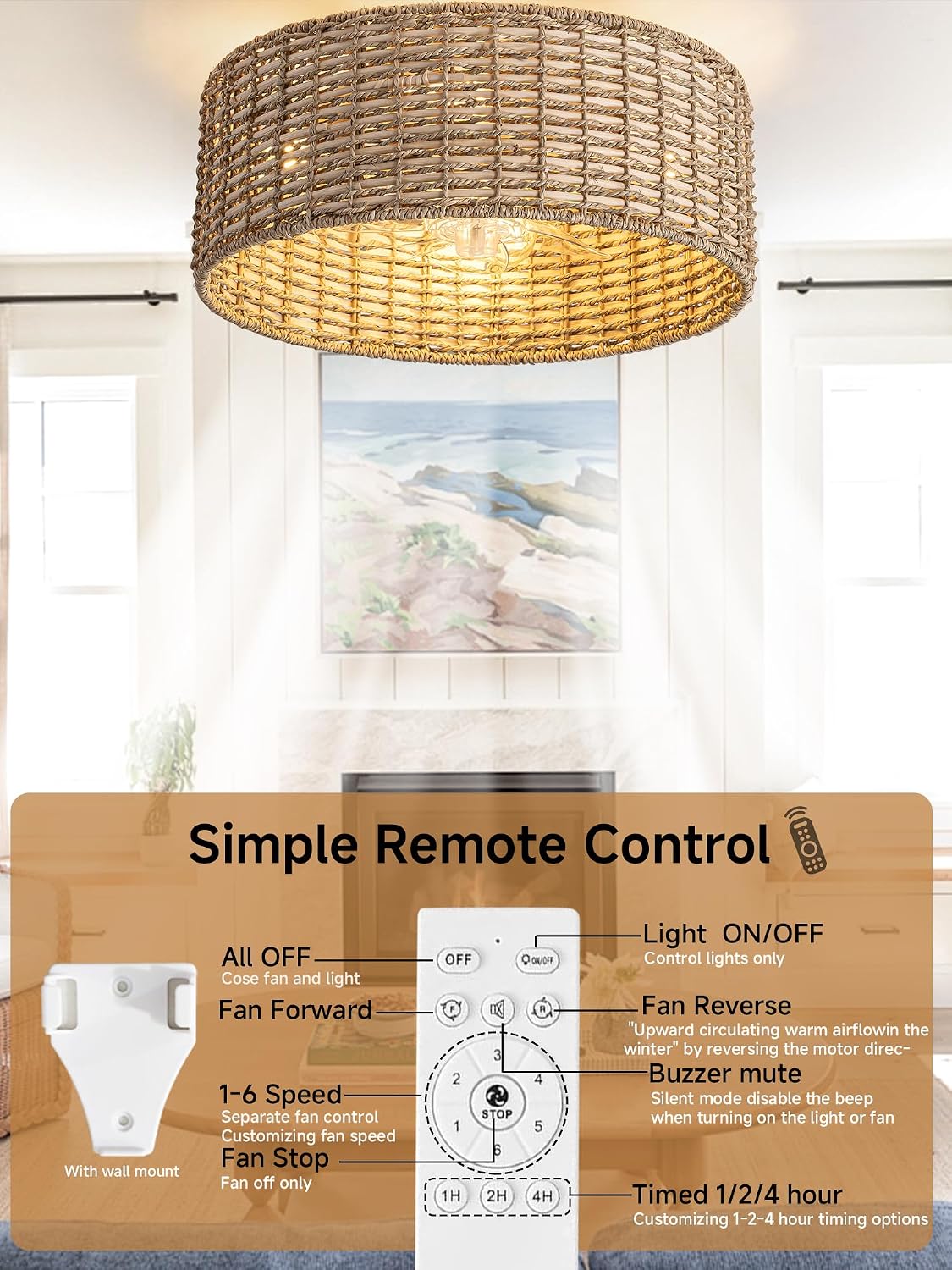 Handwoven Boho Rattan Ceiling Fan with Light,Flush Mount Caged Ceiling Fans with Lights and Remote Control,Low Profile Enclosed 6 Speeds Fandelier for Bedroom Living Dining Room,4-Light