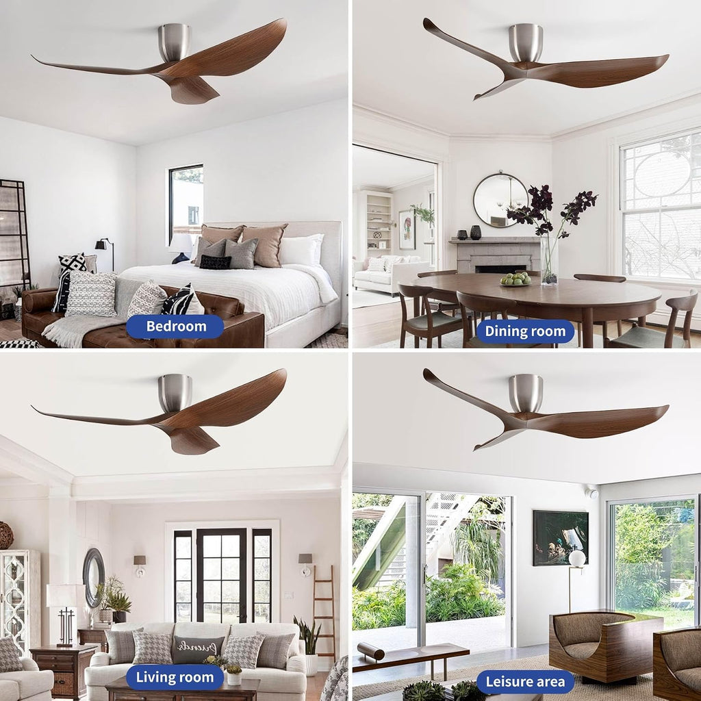 60' Walnut Color Flush Mount Ceiling Fan with Remote, No Light | Modern Low-Profile, Heat Resistant ABS Blades, 6-Speed Reversible Quiet DC Motor for Balcony, Living Room, Bedroom