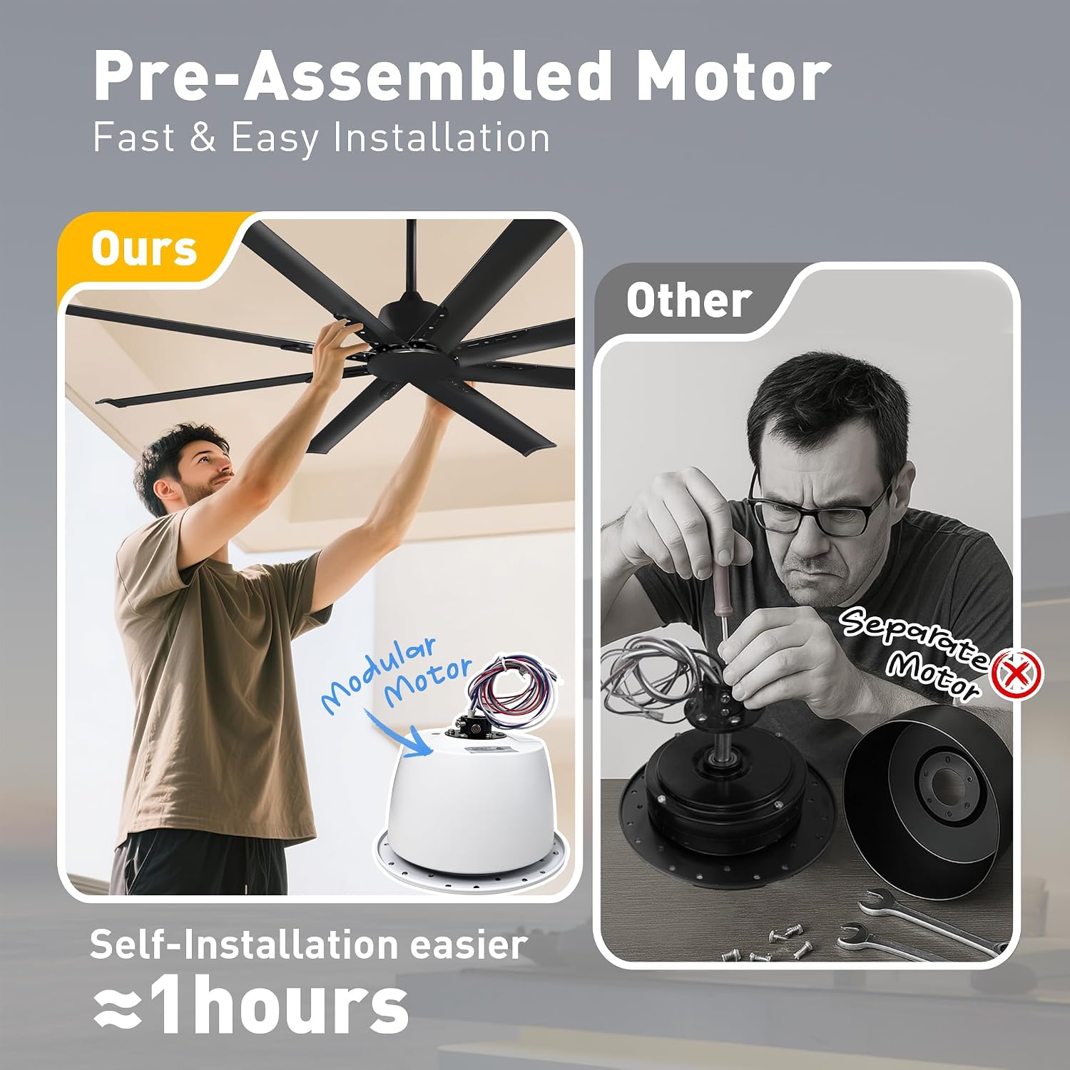 Minislak 72 Inch Ceiling Fan No Light with Remote,8 Aluminum Blades,Industrial DC Motor Quiet Operation,6 Speeds,Large Indoor Outdoor Ceiling Fan for Garage,Patio,Living Room(Black)