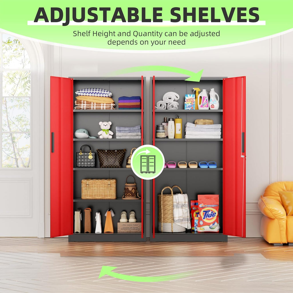 Bonusall 72' Metal Garage Storage Cabinet - 900lbs Heavy Duty Steel Cabinet with 3-Point Locking System & 4 Adjustable Shelves, Lockable Tall Storage for Garage, Office, Warehouse - Black & Red