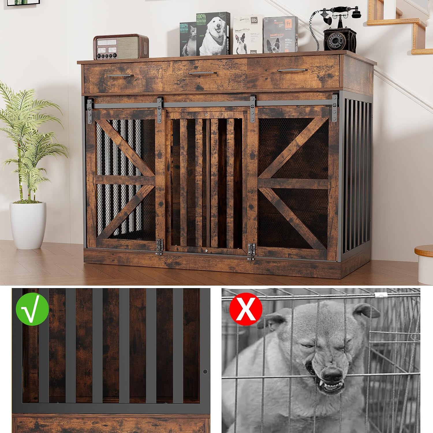 kepptory 48 Inch Large Dog Crate Furniture with 3 Storage Drawers, Wooden Pet Kennel with Removable Divider, Dog Kennel End Table TV Stand, Farmhouse Style Dog Crates with Sliding Barn Door (Brown)