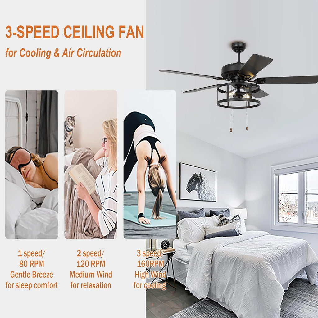 52 Inch Ceiling Fans with Lights, Farmhouse Black Ceiling Fan for Bedroom Living Room, Rustic Outdoor Ceiling Fans for Patios, Pull Chain Control, 3 Speeds, Reversible Airflow, ETL