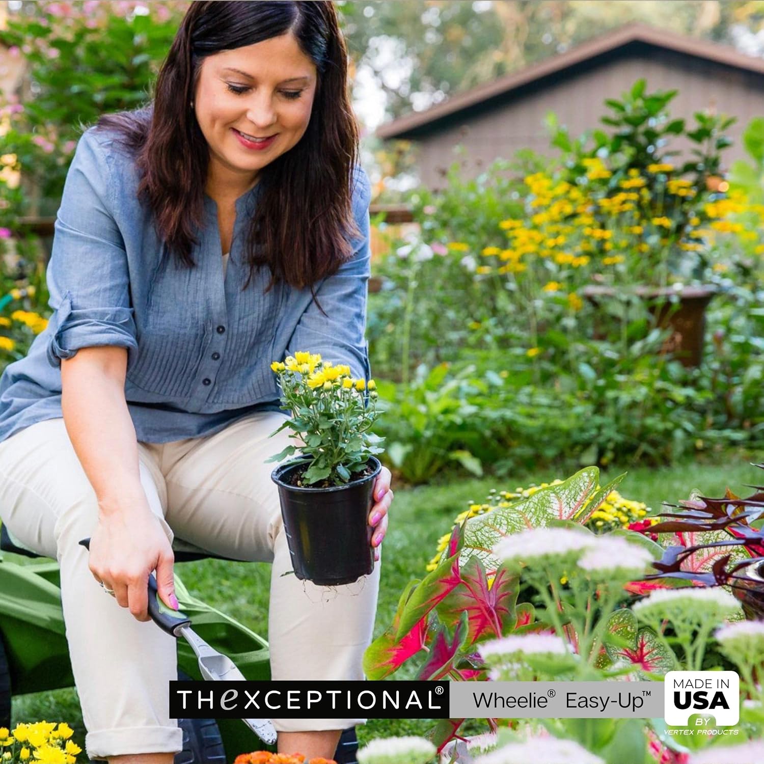TheXceptional Wheelie Easy-Up | Wheeled Garden Stool with Handles Relieve Pain Getting Up and Down | Gardening Work-Seat with Wheels for Elderly Seniors | Made in USA by Vertex | Model EX530