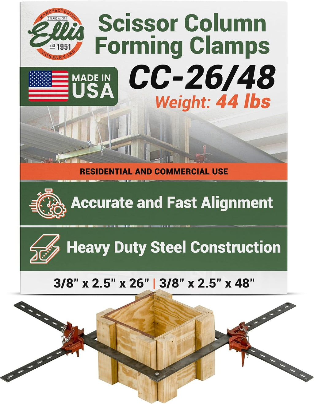 Ellis Manufacturing Company Scissor Column Forming Clamps - Clamp Set for Carpentry & Construction - Net Concrete 6' - 12' & 10' - 24' - Bar Size 3/8' x 2' x 26' & 3/8' x 2' x 48'