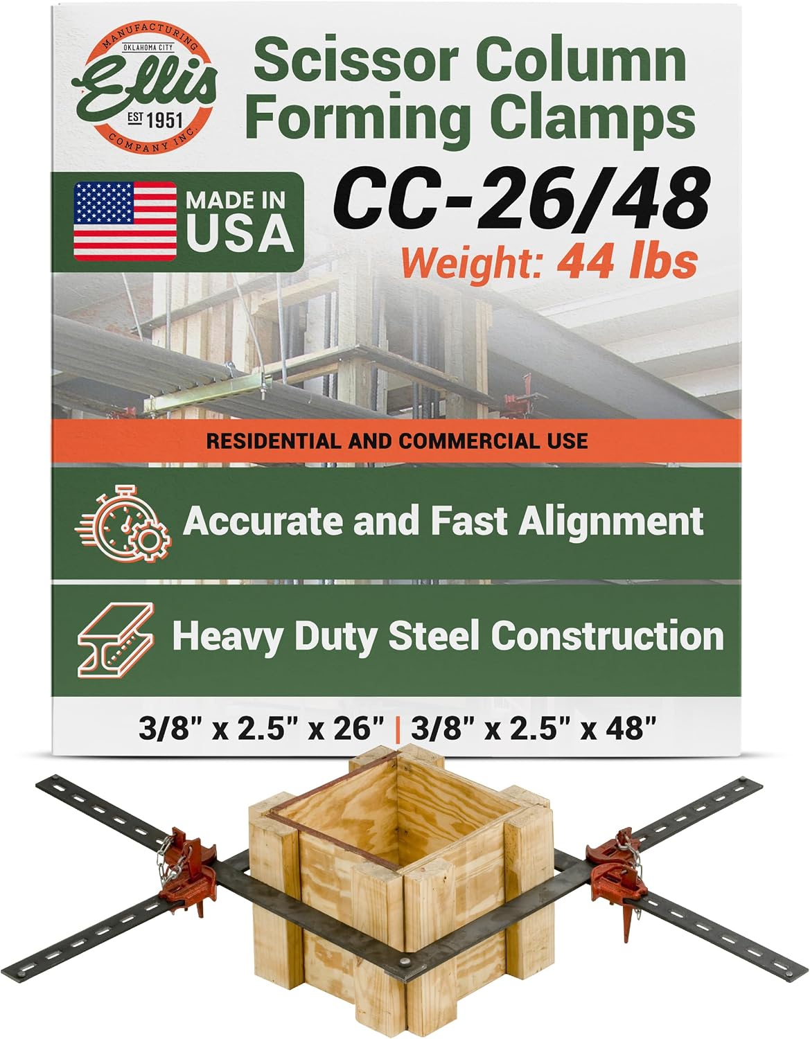 Ellis Manufacturing Company Scissor Column Forming Clamps - Clamp Set for Carpentry & Construction - Net Concrete 6' - 12' & 10' - 24' - Bar Size 3/8' x 2' x 26' & 3/8' x 2' x 48'