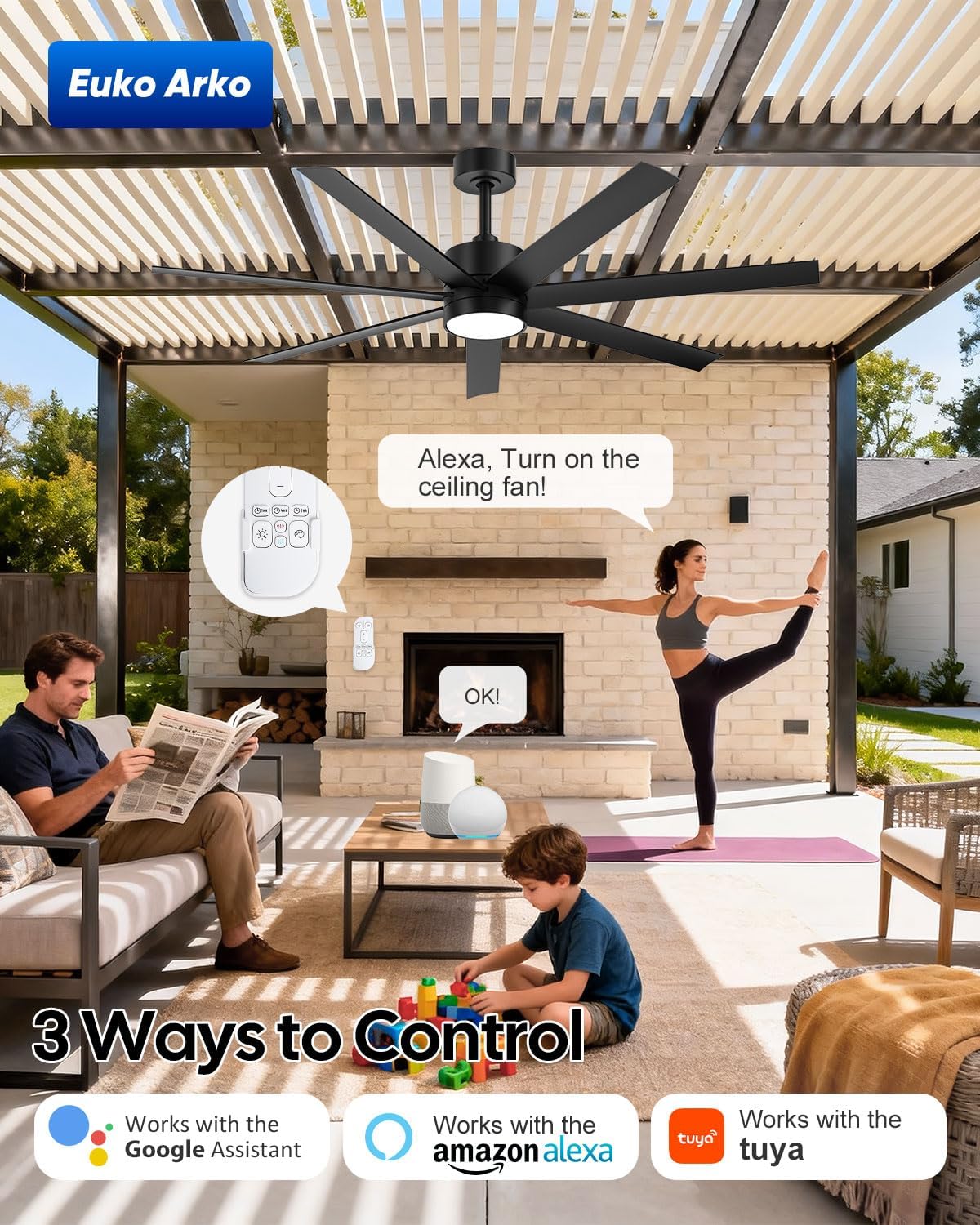 56 Inch Wet Rated Outdoor Smart Ceiling Fan with Light for Patio, All-Weather Waterproof, ETL Listed Quiet DC Motor High CFM, 7 Black Blades with UV Coating, Alexa/App/Remote, for Exterior Gazebo