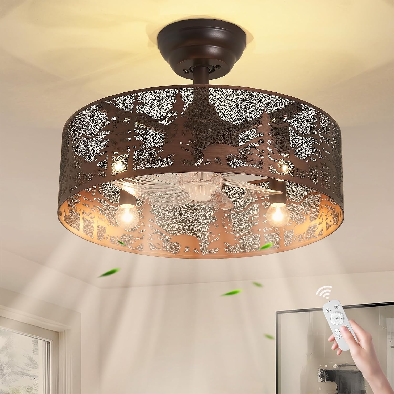 Rustic Farmhouse Ceiling Fan with Light and Remote, Brushed Bronze Round Vintage Industrial Metal Fandelier, Bear and Deer Design Rustic Ceiling Fan for Living Room, Bedroom, Cabin