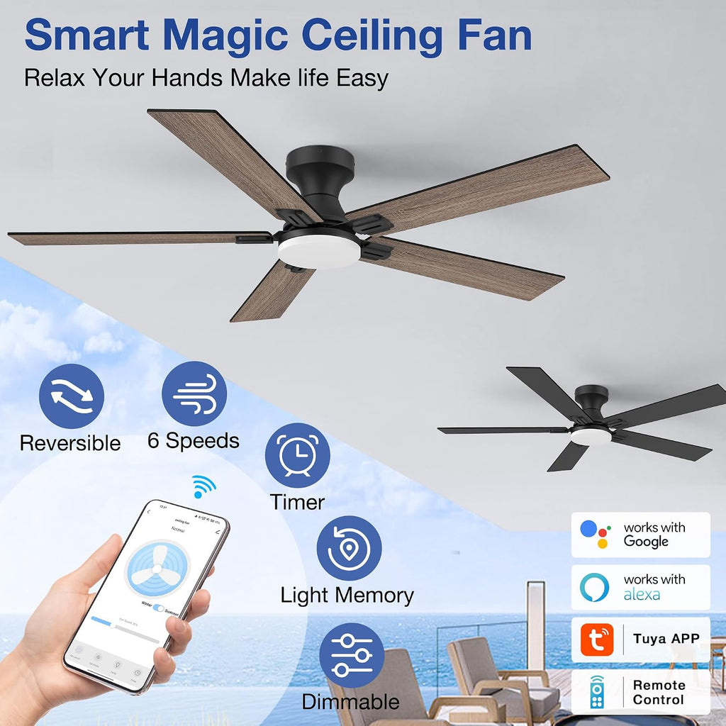 52 Inch Ceiling Fans with Lights,Smart Low Profile Ceiling Fan with Light and Remote Control,Alexa,APP,Black Flush Mount Ceiling Fans for Bedroom,Patio,Porch,Outdoor Indoor Use,5 Blades,Dimmable,Quiet