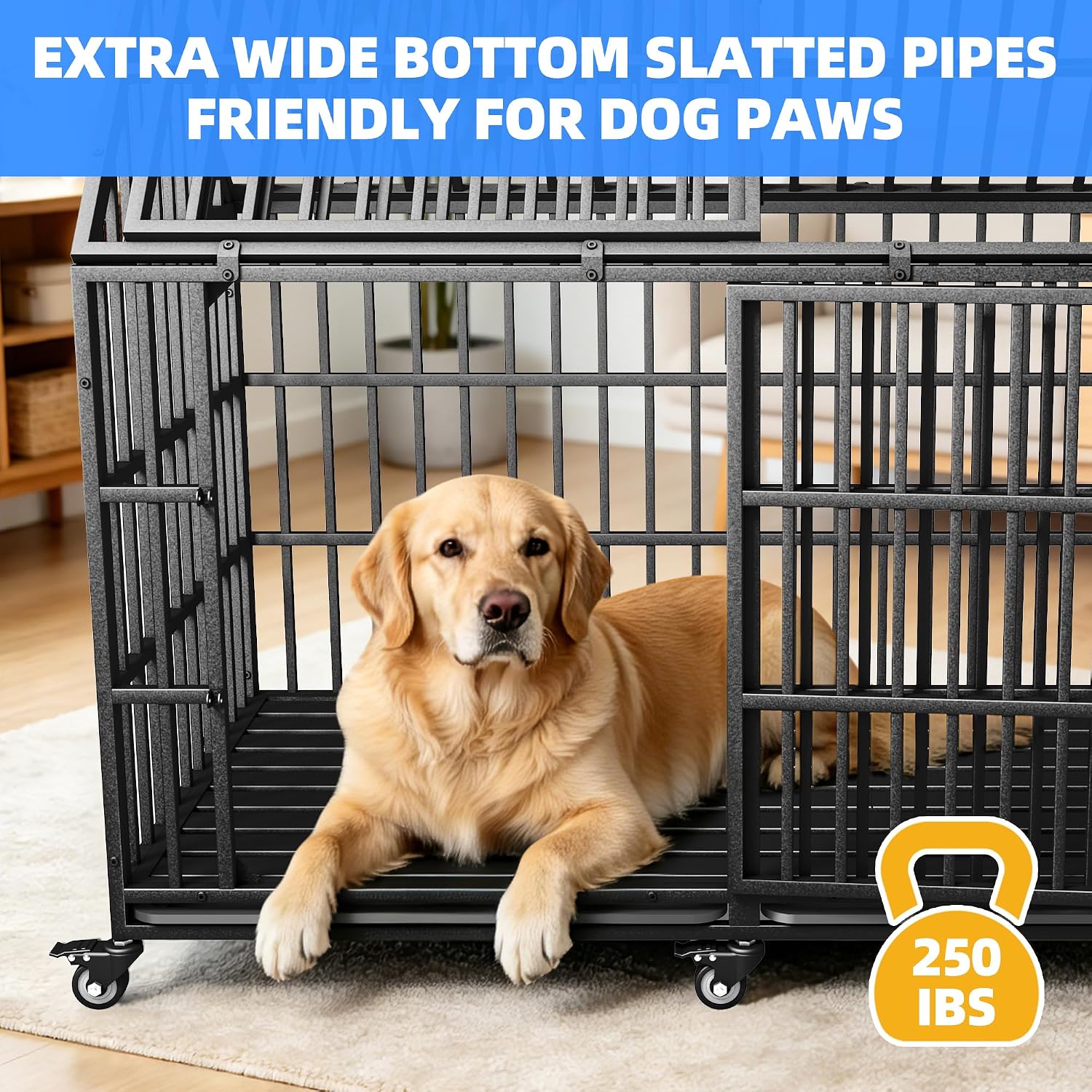Heavy Duty Dog Crate Cage Kennel 64 inch Sturdy Durable Safe for High Anxiety Giant Extra Large Breeds Dog Pet XL XXL,Lockable Wheels, Removable Trays