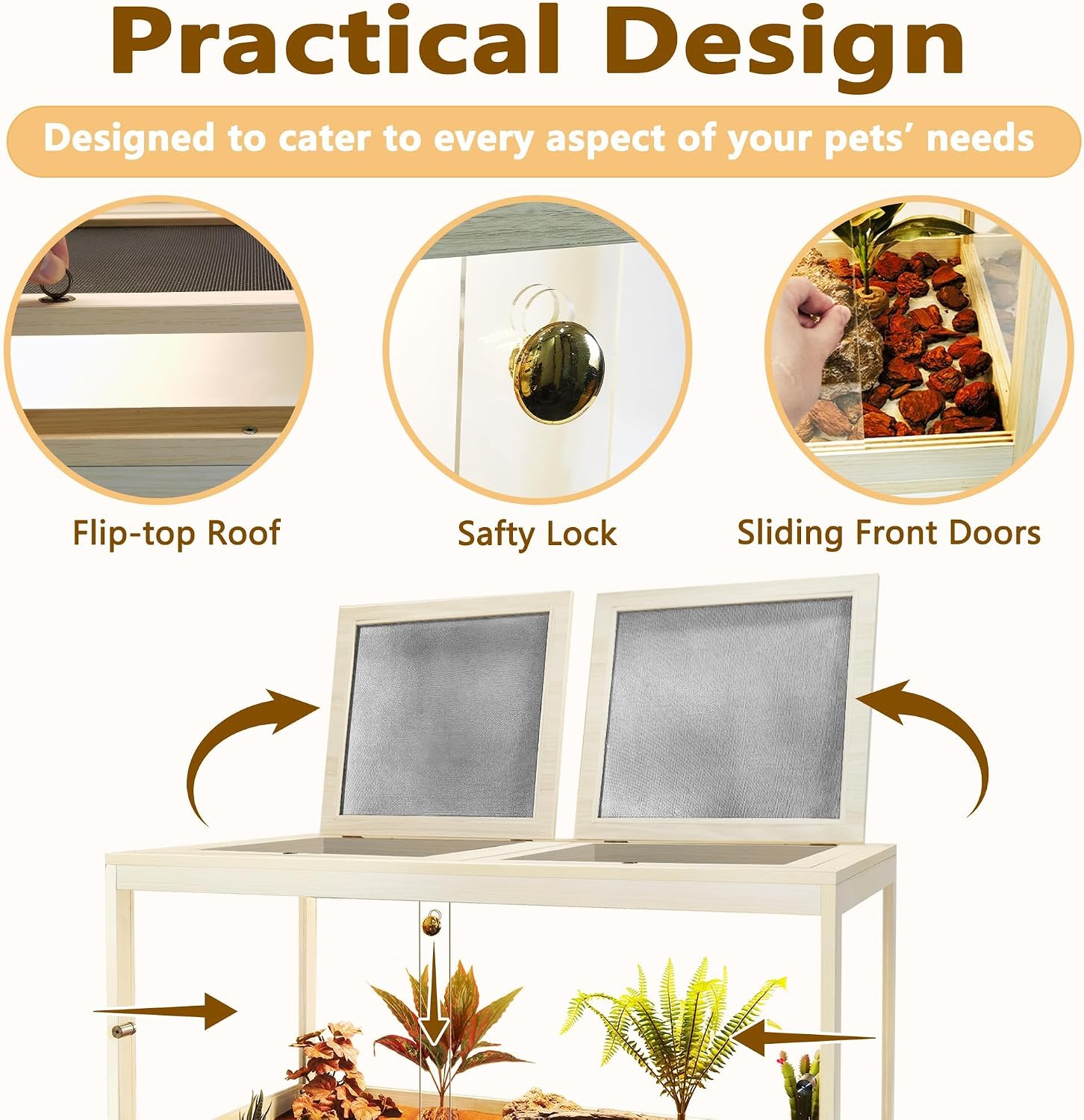 PROLEE Retile Tank,Bearded Dragon Tank,Lizard Tank with Metal Mesh Roof Door, Acrylic Panel Snake Tank with Lock Design,Oak,60Gallons