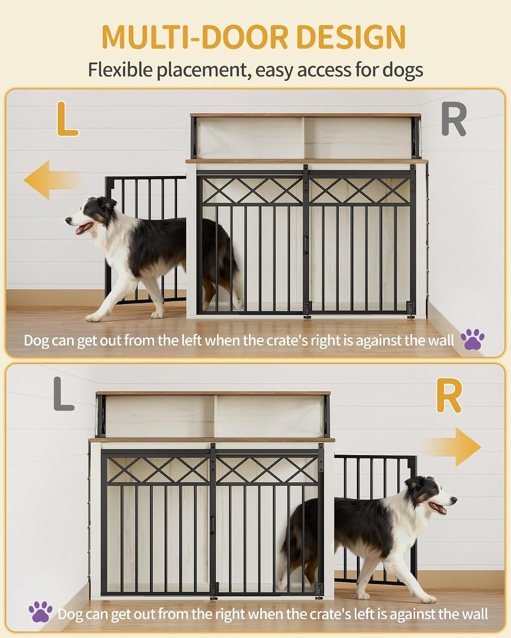 Hzuaneri 39.4'' Dog Crate Furniture, Large Wooden Dog Crate with Storage and 3 Doors, Indoor Kennel for Medium/Large Dogs, End Table with Barn Door, Chew-Proof and Escape-Proof, White Brown DFC87414B