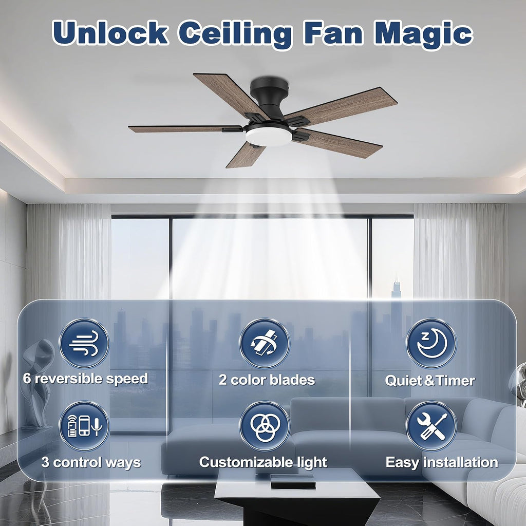 42' Smart Low Profile Ceiling Fan with Lights Remote,6 speed Quite DC Motor,WIFI Voice Control via Alexa App,Dimmable LED,Outdoor Indoor Flush Mount Fans for Small Bedroom Patio Porch,Black&Walnut