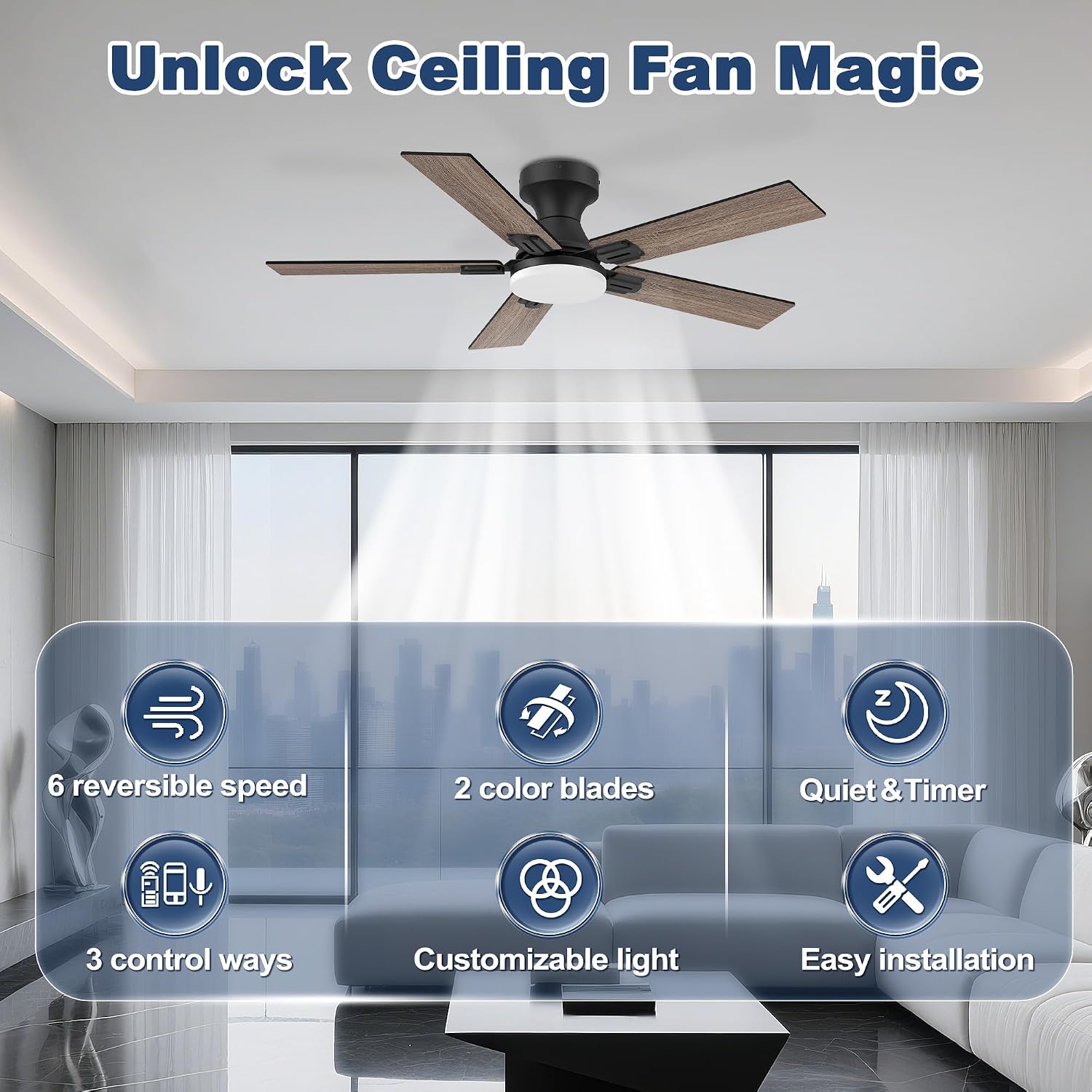 42' Smart Low Profile Ceiling Fan with Lights Remote,6 speed Quite DC Motor,WIFI Voice Control via Alexa App,Dimmable LED,Outdoor Indoor Flush Mount Fans for Small Bedroom Patio Porch,Black&Walnut