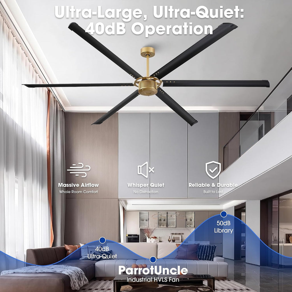 96 Inch Ceiling Fans without Light, Industrial Large Commercial Fan for Shop Gym Garage, Remote Control, Reversible DC Motor, 6 Black Aluminum Blades, Big Outdoor Ceiling Fans for Patios, Vintage Gold
