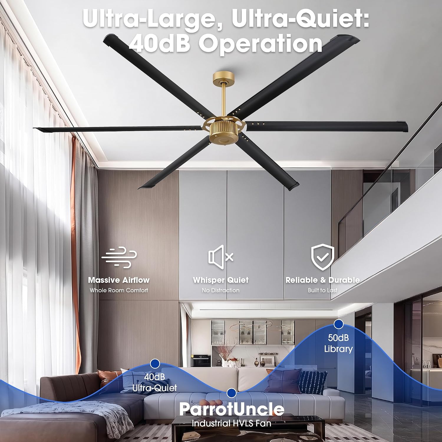 96 Inch Ceiling Fans without Light, Industrial Large Commercial Fan for Shop Gym Garage, Remote Control, Reversible DC Motor, 6 Black Aluminum Blades, Big Outdoor Ceiling Fans for Patios, Vintage Gold