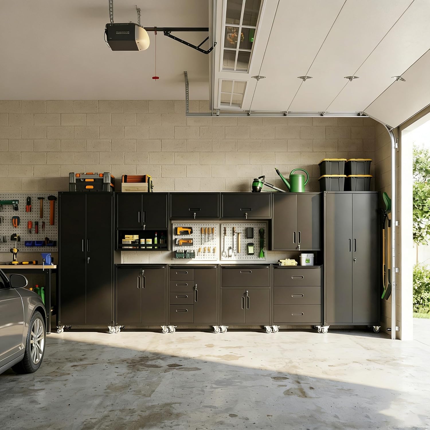 10-Piece Heavy Duty Steel Garage Cabinet System | All-in-One Modular Garage Cabinet Set for Ultimate Workshop Organization | Easy Assembly Garage Storage Cabinets & Tool Bench (Black)