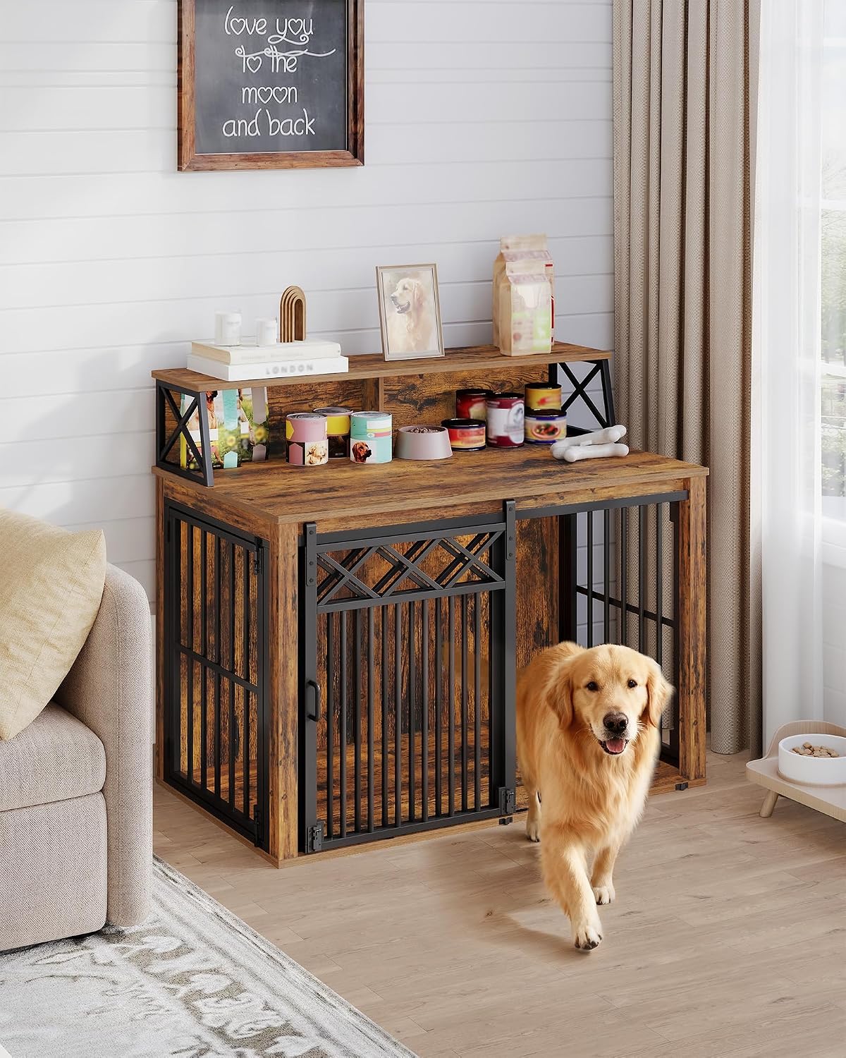 Hzuaneri 39.4'' Dog Crate Furniture, Large Wooden Dog Crate with Storage and 3 Doors, Indoor Kennel for Medium/Large Dogs, End Table with Barn Door, Chew-Proof and Escape-Proof, Rustic Brown DFC87401B