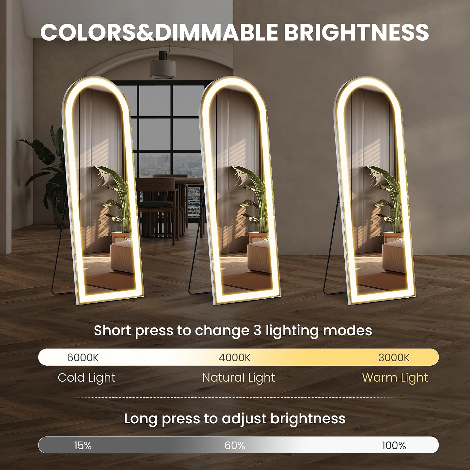 Elevon Full Length Mirror with LED Lights, 63'x20' Floor Mirror with Dimming & 3 Color Lighting, Led Mirrors Full Length with Stand for Bedroom, Dressing Room, Arched
