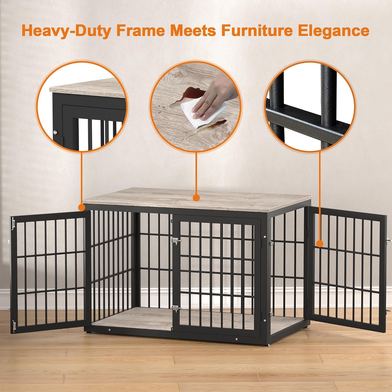 rehomerance 48 Inch Heavy Duty Dog Crate Furniture for Large and Medium Dogs, Decorative Pet House End Table, Wooden Cage Kennel Furniture Indoor, Grey