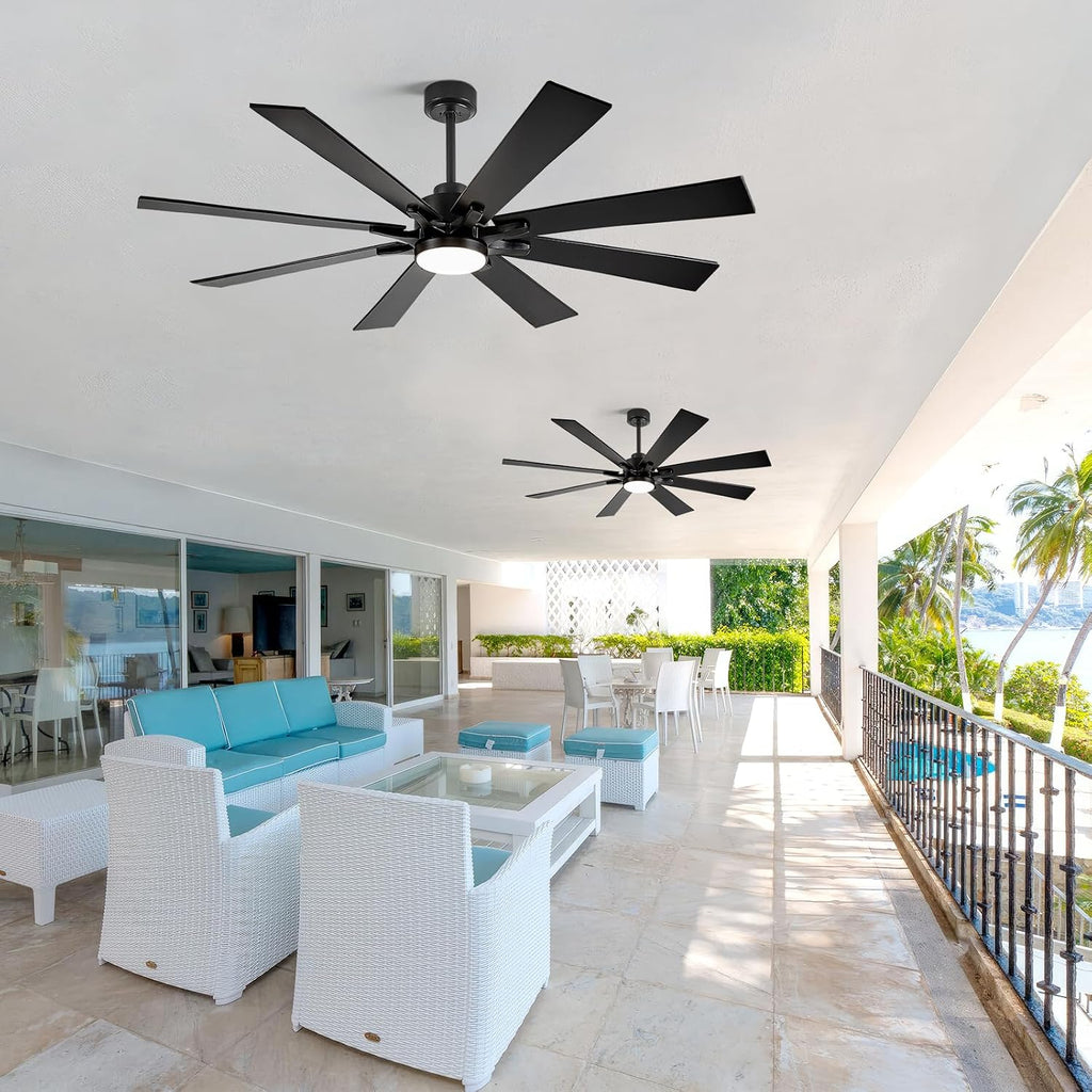 62 Inch Smart Ceiling Fan with Light, Modern Black Industrial Home Lighting & Ceiling fans with App/Voice/Remote Control, Damp-rated Large Airflow DC Outdoor Ceiling Fans for Patios Porch Outside