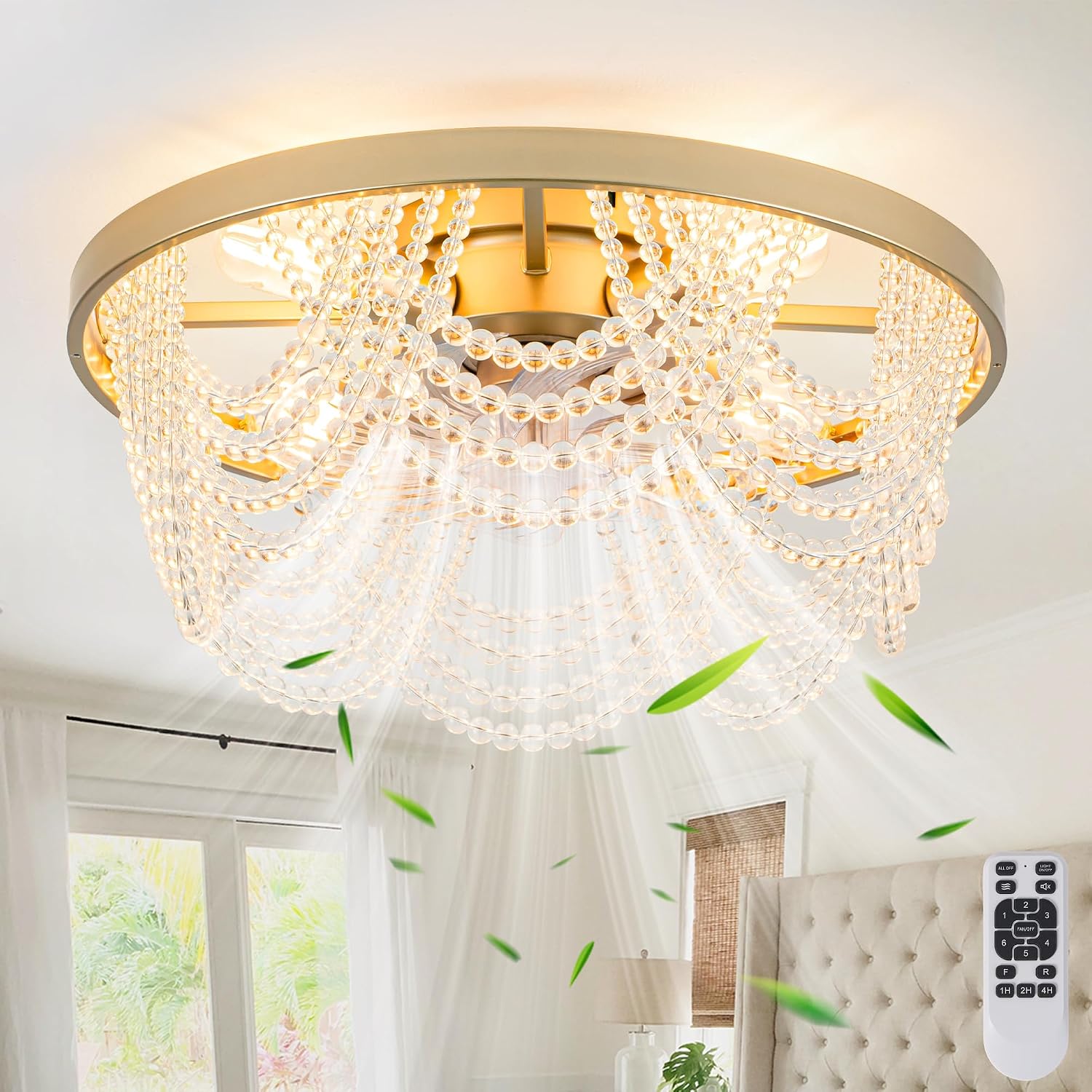 Bella Depot 20' Boho Ceiling Fan with Light, Flush Mount Beaded Fandelier Chandelier Fan, 6 Speeds Reversible Bladeless Ceiling Fan for Bedroom Living Room Kitchen (Crystal)