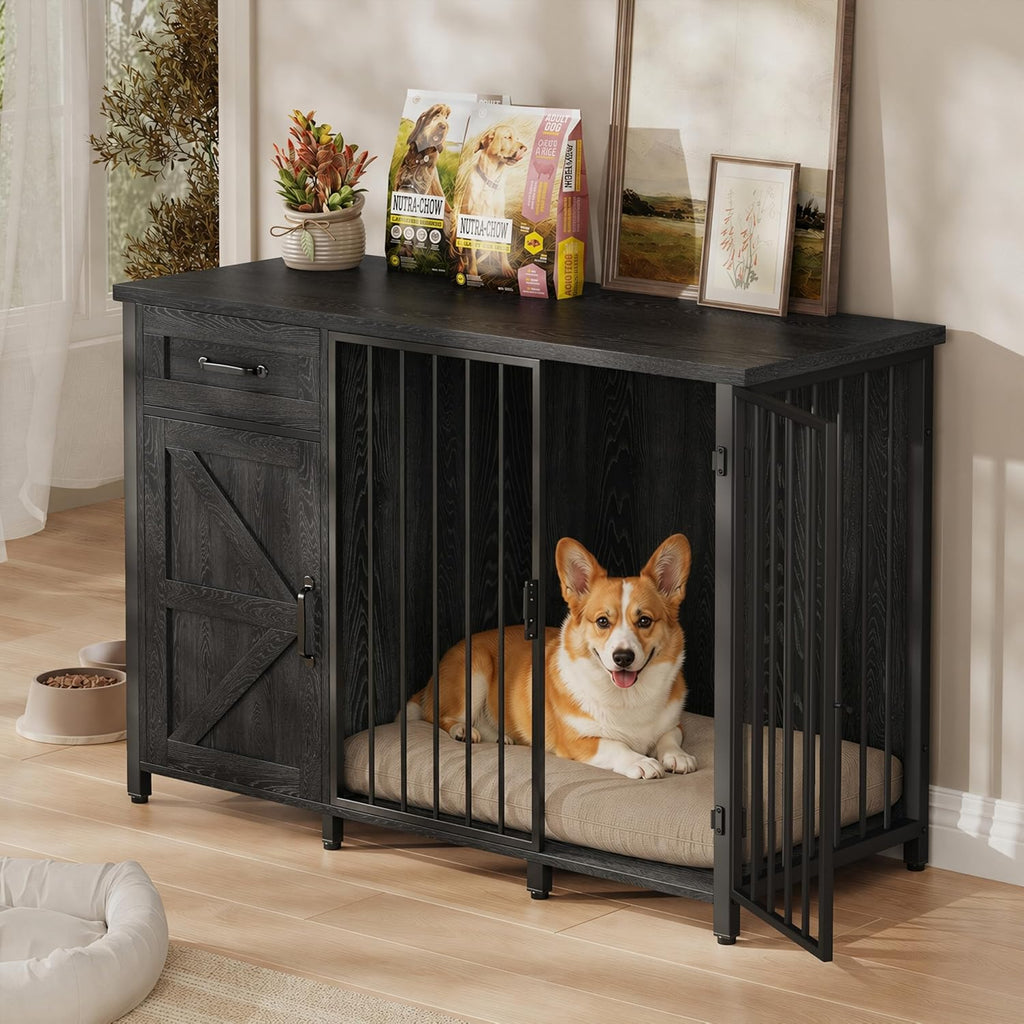 kepptory 2-in-1 Furniture Dog Crate End Table, Heavy Duty Dog Crate Furniture with Charging Station, Large Wooden Dog Kennel for Indoor with 440 lbs Load Capacity Metal Door Dog Cage for Living Room