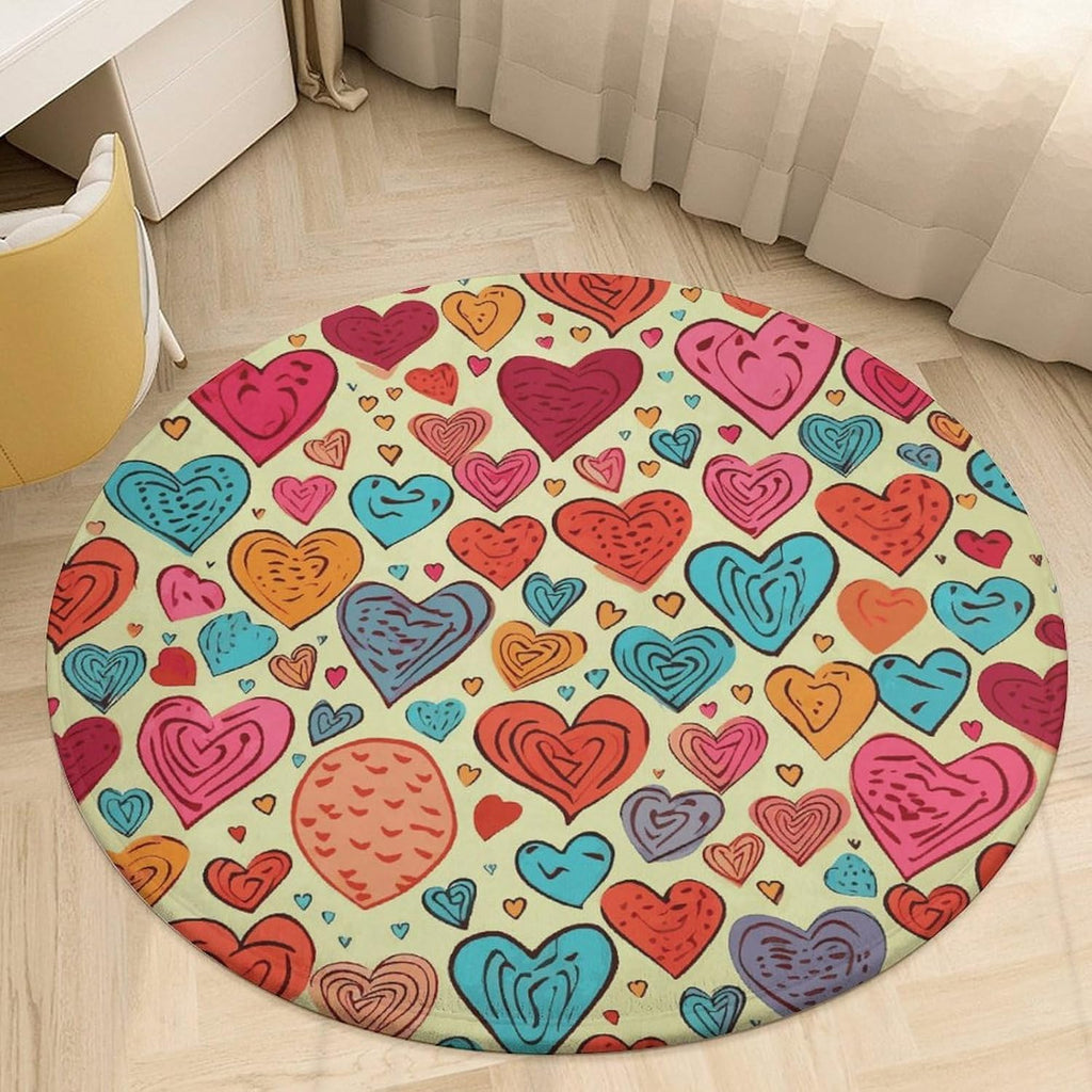 Colorful Heart Pattern Coral Velvet Round Floor Mat Non-Slip Bath Rug Floor Covering for Bathroom Vanity Guest Suite & Vacation Home