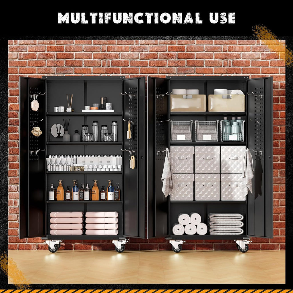 Greenvelly Garage Storage Cabinet with Wheels, Rolling Metal Cabinet with Pegboards and Adjustable Shelves,- 72' Steel Tool Cabinet for Home Office, Garage, Warehouse, Black